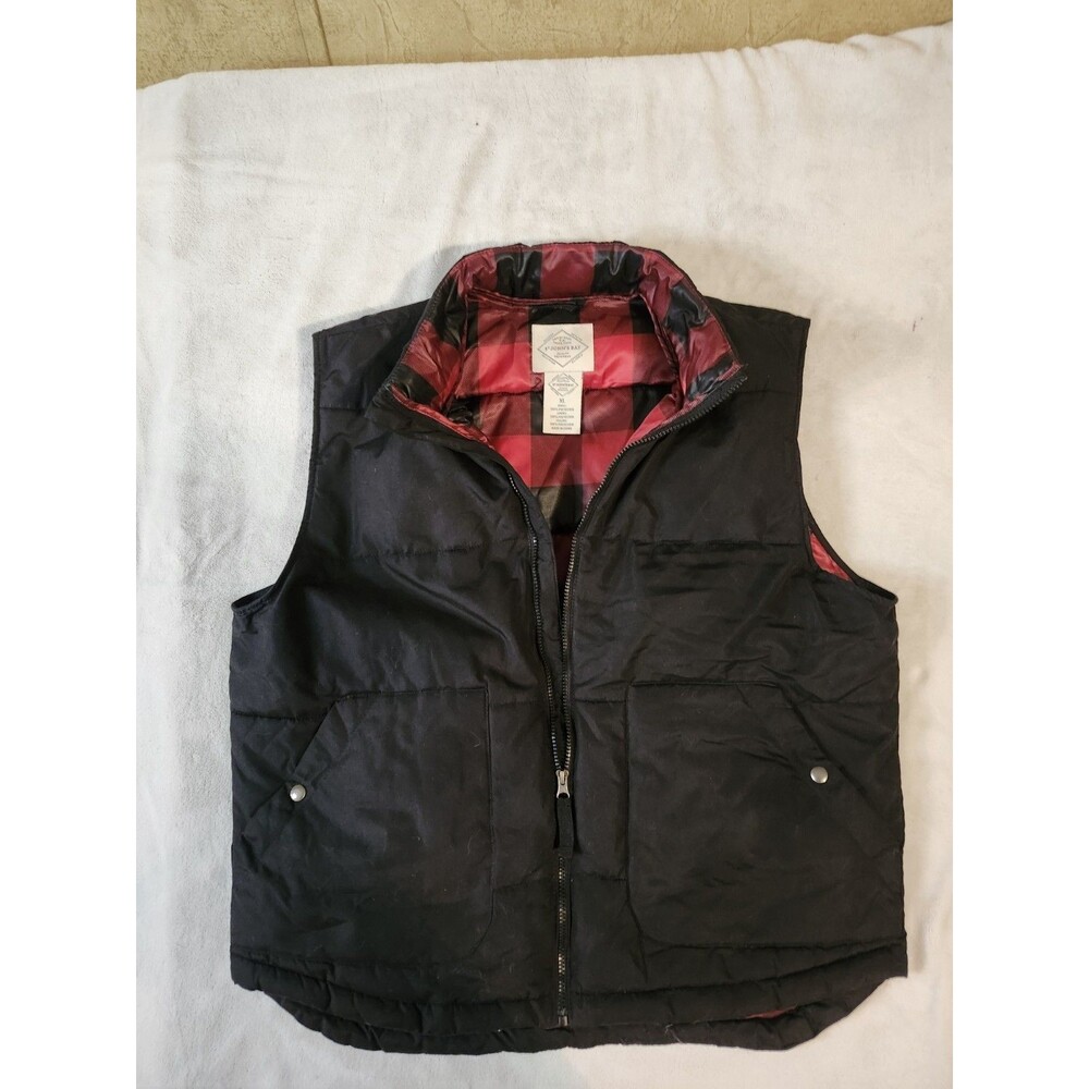VTG St. John's Bay Puffer Vest Men's XL Black Red Buffalo Plaid Lining Full Zip